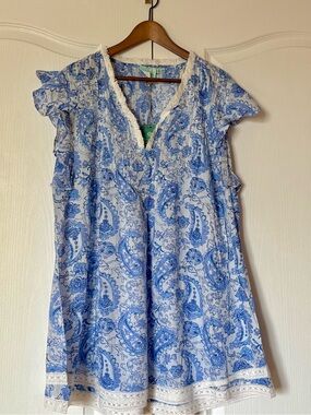 Blue Paisley V-Neck Swim Coverup Tunic with Lace Trim